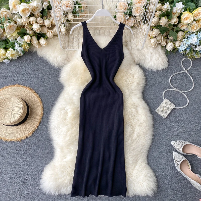 2020 sexy Slim v neck Knitted Midi Dress tank sundresss vestido de fiesta split Summer Party Women Casual Knee Length dress