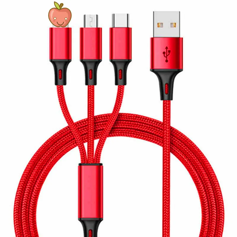 

USB Data Line 3A Fast Charging 1.2m One Drag Three Charging Line Data Transmission Line Applied for Type-c for iphone for Micro