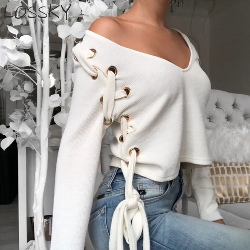 

Criss Cross Bandage Bow Tie V Neck Crop Top Women's 2019 Autumn Winter Knitted V Neck Long Sleeve White Sexy T-shirt T shirt Tee