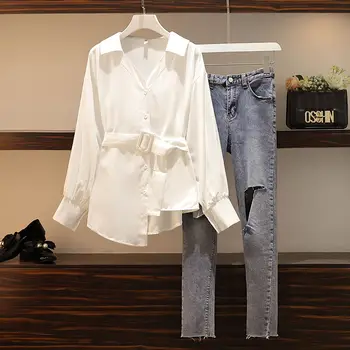 

plus size 4Xl spring autumn new women two-piece sets long sleeve white Blouse and denim pants Casual korean Female Streetwear
