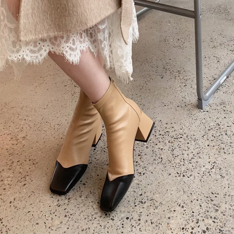 

MLJUESE 2020 women ankle boots cow leather square toe snake strip zippers winter short plush high heels women boots party dress
