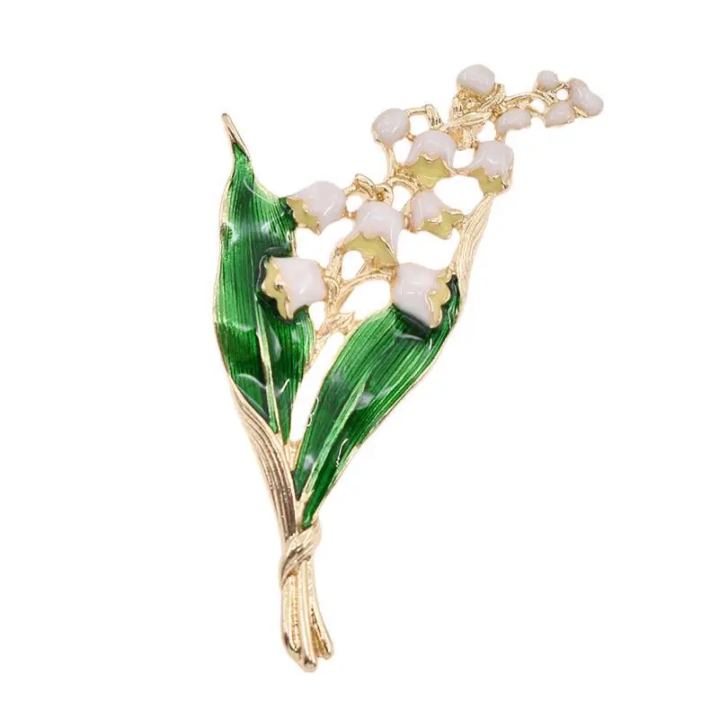 trendy alloy enamel white floral leaf brooch lily of the valley