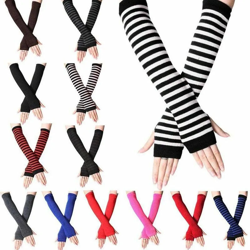 Unisex Long Fingerless Gloves Gloves Arm Cover Striped Cotton Wrist Sleeves Arm Warmer Sleeve Knitted Gloves Womens Fingerless
