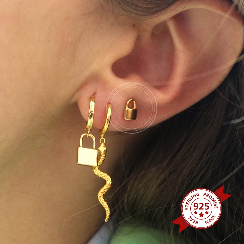 

Minimalist 925 Sterling Silver Lock Shaped Stud Earrings for Women Simple Mini Gold Silver Studs Earrings Fashion Jewelry