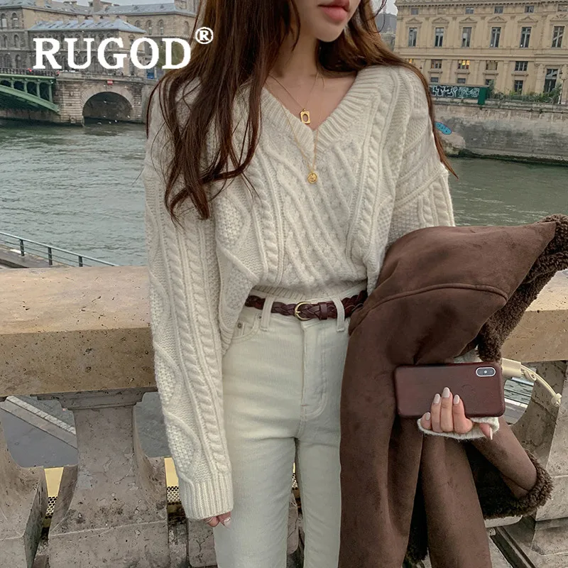 RUGOD, Корейская сплошная шикарная, винтажный Свободный вязаный пуловер, твист, v-образный вырез, женский,, осенний, теплый, модный, элегантный свитер