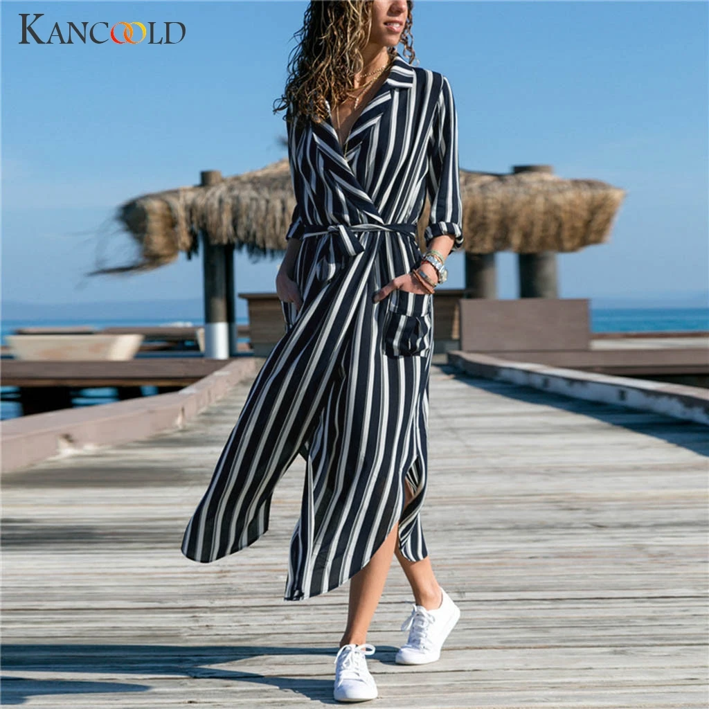 

KANCOOLD dress Women Ladies Fashion Print Stripe V Neck Long Sleeve Split Dress sashes Chiffon new dress women 2019jul25
