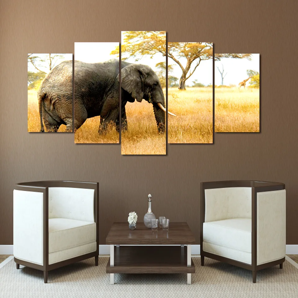

Canvas Wall Art Home Decor Frame Poster 5 Panel Africa Elephants Landscape For Living Room Modern HD Printed Pictures Painting