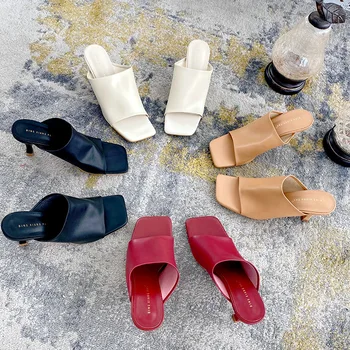 

Shoes Thin Heels Slippers Casual Heeled Mules Square Toe Low Slides Soft Luxury High Fashion Concise Rome PU Scandals Basic