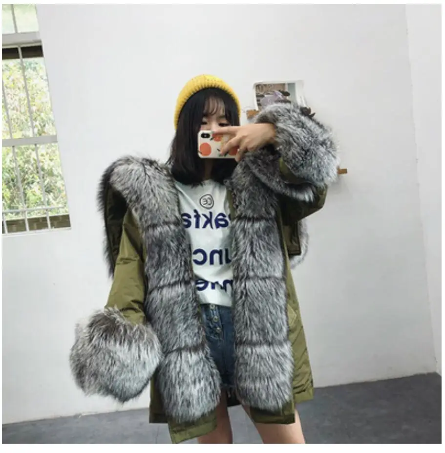 silver green coat Женская парка с мехом большой Лисий меховой воротник отделка Женское зимнее пальто натуральный мех лисий мех размера плюс женская верхняя одежда куртка на утином пуху - Цвет: silver green coat