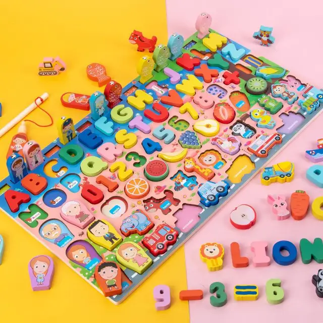 Wooden Montessori Toys Fruit Digital Alphabet Animal Traffic Figure Matching Puzzle Preschool Busy Board Educational Kids Toys 2