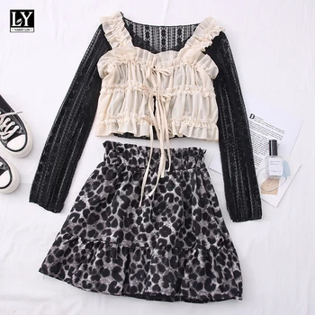 

LY VAREY LIN 2020 New Autumn Three Piece Sets V Neck Lace Long Sleeve Tops Lace Up Strap Vest High Waist Leopard Print Skirts