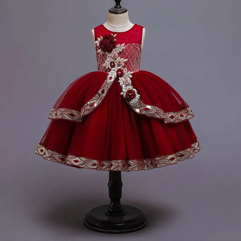 Кружевное платье с цветочным рисунком и блестками для девочек, элегантные вечерние платья для дня рождения детское платье с аппликацией для девочек возрастом от 8 до 10 лет, INS