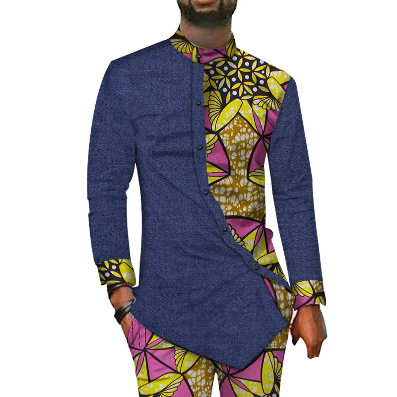 

2 Piece Mens Pants Sets Spring Fall Mans Suits Cotton Fashion African Print Patchwork Shirt and Long Pants Sets WYN40