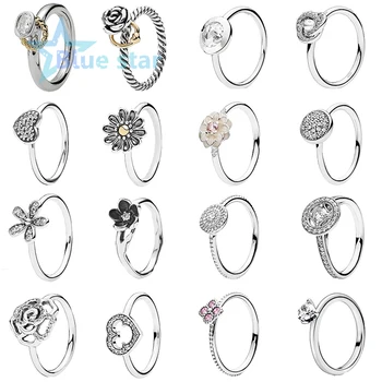 

Bule Star 100% 925 Sterling Silver pandoras ring Clear Heart Solitaire Oriental Blossom Ring with Pink Zirconia