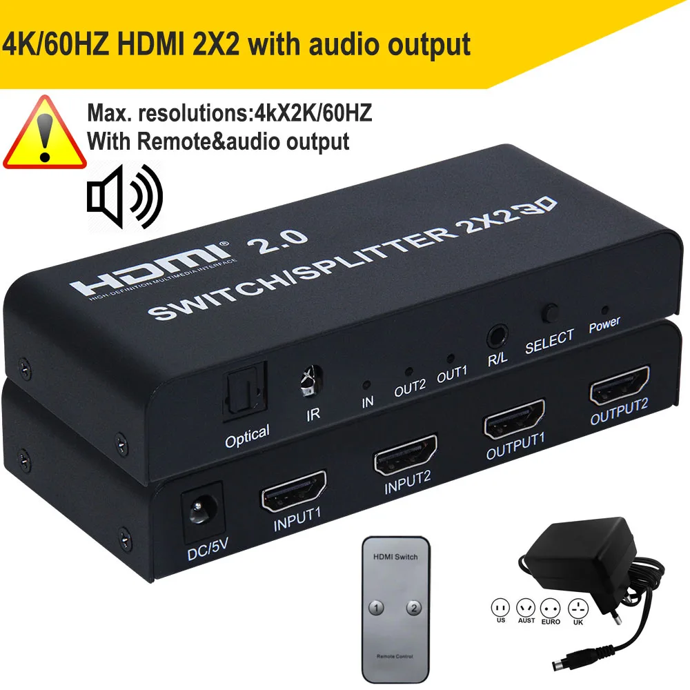 2x2 HDMI сплиттер 2,0 Переключатель HDMI 1,4 сплиттер коммутатор 3X2 HDMI аудио видео конвертер адаптер поддерживает 3D 1080p 4K 2X2,2X8,3X2 - Цвет: 4K 60HZ 2X2 HDMI 2.0