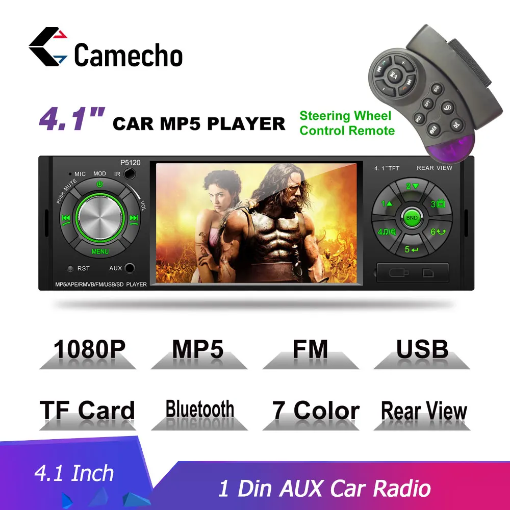 

Camecho 4.1'' 1 Din Car Radio Auto Audio Stereo autoradio Bluetooth Support Rear View Camera USB Steering Wheel Remote Control
