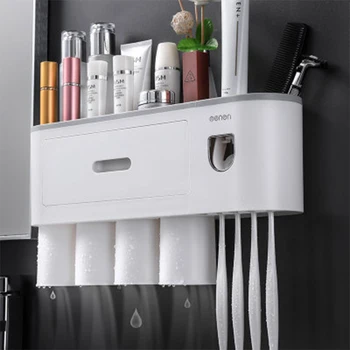 

Toothbrush Holder Magnetic Adsorption Inverted Toothpaste Dispenser With Cup Toothpaste Storage Rack Bathroom Accessories Set