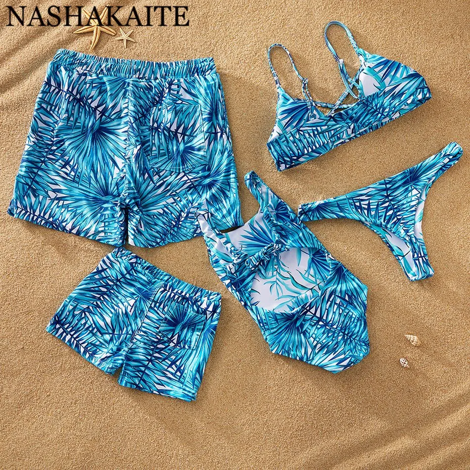 NASHAKAITE семейная одежда летняя пляжная для отдыха купальный костюм с синим принтом