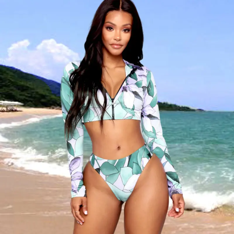 

Women Long Sleeve o-Neck Zipper Crop Top +High Waist Briefs Bikini Set Push Up Swimsuit Bathing Suit Summer Print Slim Swimwear