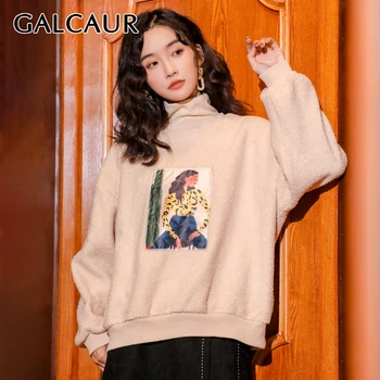 

GALCAUR Korean Print Sweatshirt For Women Turtleneck Lantern Sleeve Oversize Loose Casual Female Sweatshirts 2020 New Clothes