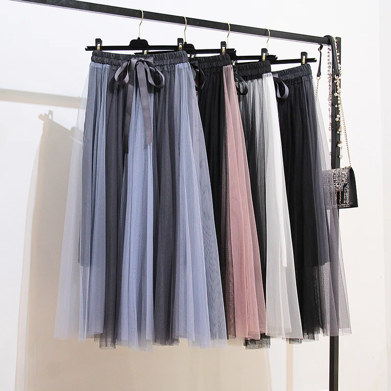 

2019 Women's Tulle Plain Pleated Skirts New Fashion Hit Color Patchwork Mesh Midi Skirt High Waist Women Skirts