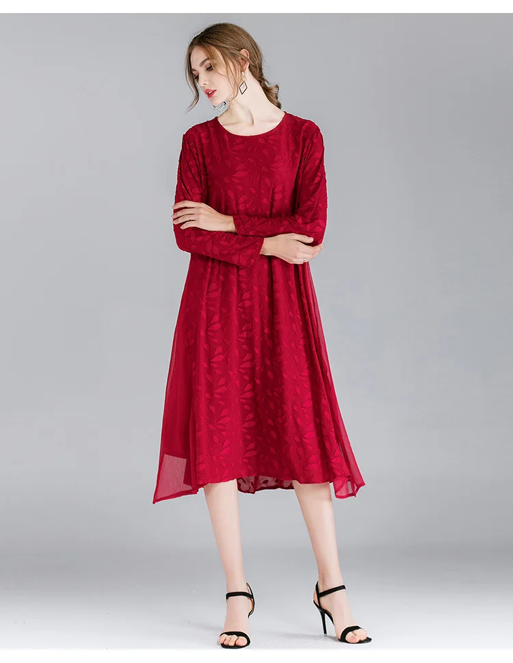 wine red 2 цвета, Осень-зима, женское платье средней длины с кружевом и круглым вырезом, шифоновое платье с боковым дизайном и рисунком в виде листьев, Размер XL-4XL черный, винный, красный - Цвет: wine red