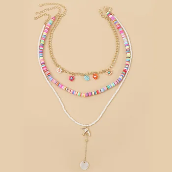 

3 Pcs/Set Bohemian Polymer Clay Glass Beaded Necklace Women 2020 Fashion Gold Chain Bird Flower Pendants Necklaces Jewelry Gift