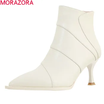 

MORAZORA 2020 Genuine leather boots fashion pointed toe high heels ladies shoes autumn winter solid color ankle boots for woman