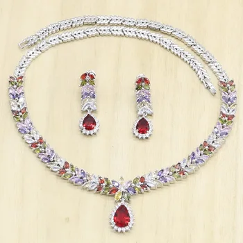 

Bridal Silver Color Jewelry Sets For Women Wedding Multicolor Cubic Zirconia Necklace Earrings Birthday Gift