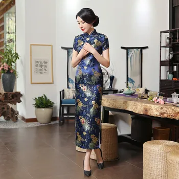 

Classic Navy Blue Chinese Dresses Large Size 3xl Qipao Vintage Button Cheongsam Oriental Women Vestidos Prom Gown Print Flower