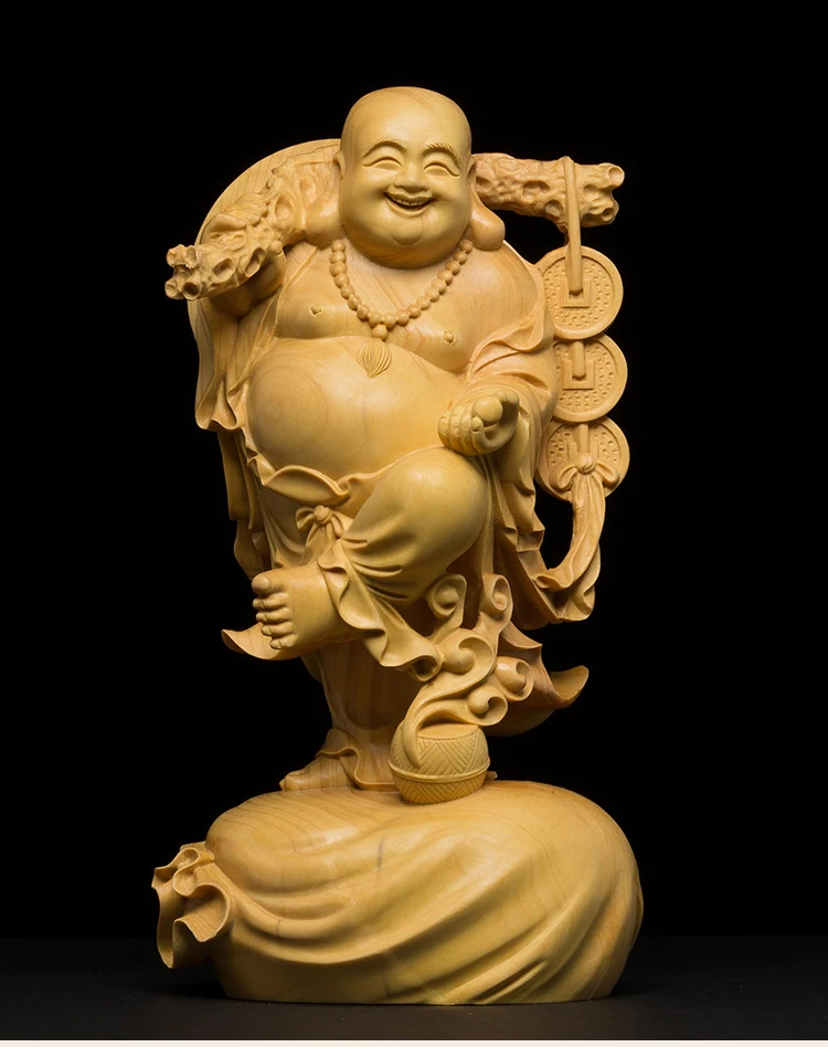 Details about   180mm Handmade Carved Statue wood Lotus base Maitreya Buddha 