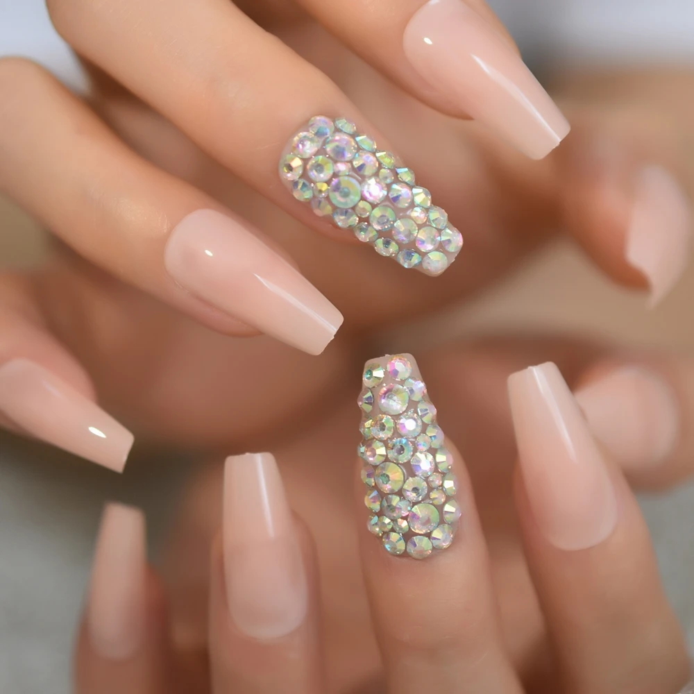 Natural Nude Coffin Stiletto False Nail Tips 3d Ab Diamond Acrylic Ballerina Full Cover Uv Press On Fake Nails With Sticker Tape False Nails Aliexpress