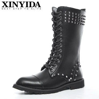 

2020 Brand Genuine Leather Personality Men Punk Boots Lace Up Mid-Calf Casual Men Boots Fashion Men Motorcycles Boots Size 38-44