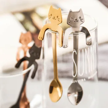 

Cute Cat Teaspoons Stainless Steel Cartoon Cat spoons Creative Ice Cream Dessert Long Handle Coffee Tea Spoon Tableware Colors