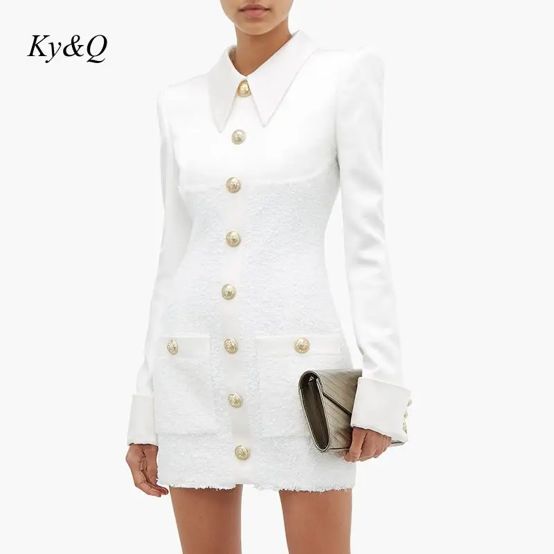 Brand Desinger 2019 Winter Lion Buckle Rivet Satin Wool Patchwork Luxury Dress Office White Mini Party Clothes | Женская одежда