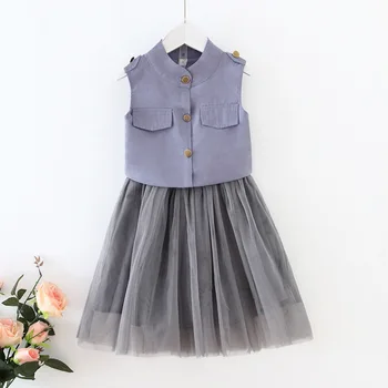 

summer children sets girls button pocket shirt with tulle tutu skirts 2 pcs suits kids outfits wholesale