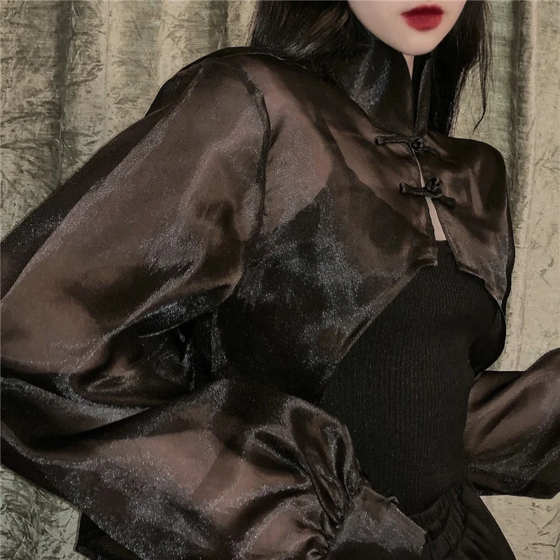 Women Chinese Shirt Chinese Style Clothing Women Fashion Mesh Transparent Tang Suit White See Through Asymmetric Shirt Cheongsam Top 10464 women cheongsam waistcoat
