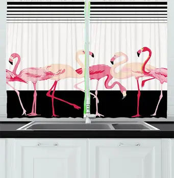 

Retro Kitchen Window Curtains Pink Flamingo Birds on Background with Stripes Love Romance Shabby Form Graphic Window for Kitchen