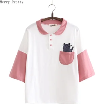 

Women Cartoon Cat Embroidery Pocket Funny T Shirt Short Sleeve Turndown Collar Cotton T Shirts 2020 Spring Harajuku Tops Tees