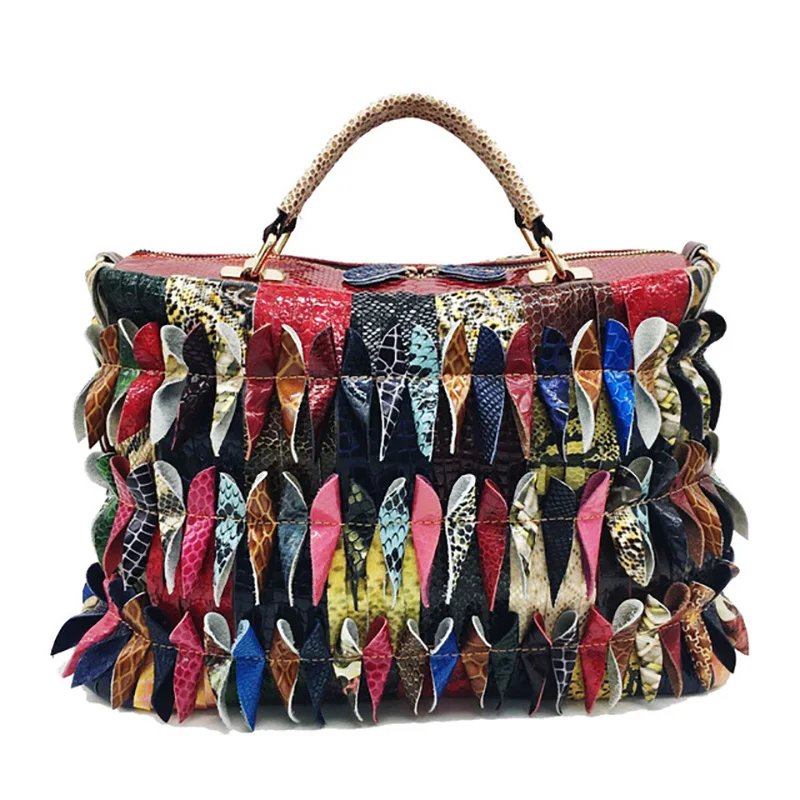 

Genuine Leather Women Handag Casual Colorful Blocks Patchwork Snake Pattern Tote Crossbody Shoulder Bag Send by Random Color