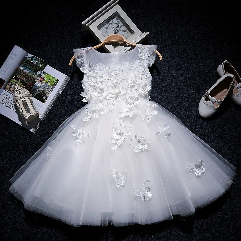 

Белое Цветочное платье для девочки, свадебное платье подружки невесты, Детский костюм принцессы на день рождения, платье с аппликацией бабочки для крещения