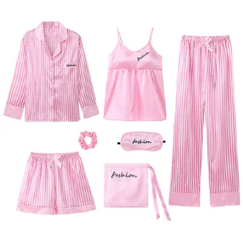

Women's Pajamas with Chest Pad Pink Striped Seven-piece Suit Summer Pajamas Women's Suspender Pants Shorts 7-piece Set of Silk