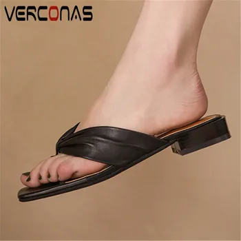 

VERCONAS 2020 Fashion Woman Sandals Woman Pumps Brand Design Genuine Leather Shallow Square Toe Square High Heeled Shoes Woman