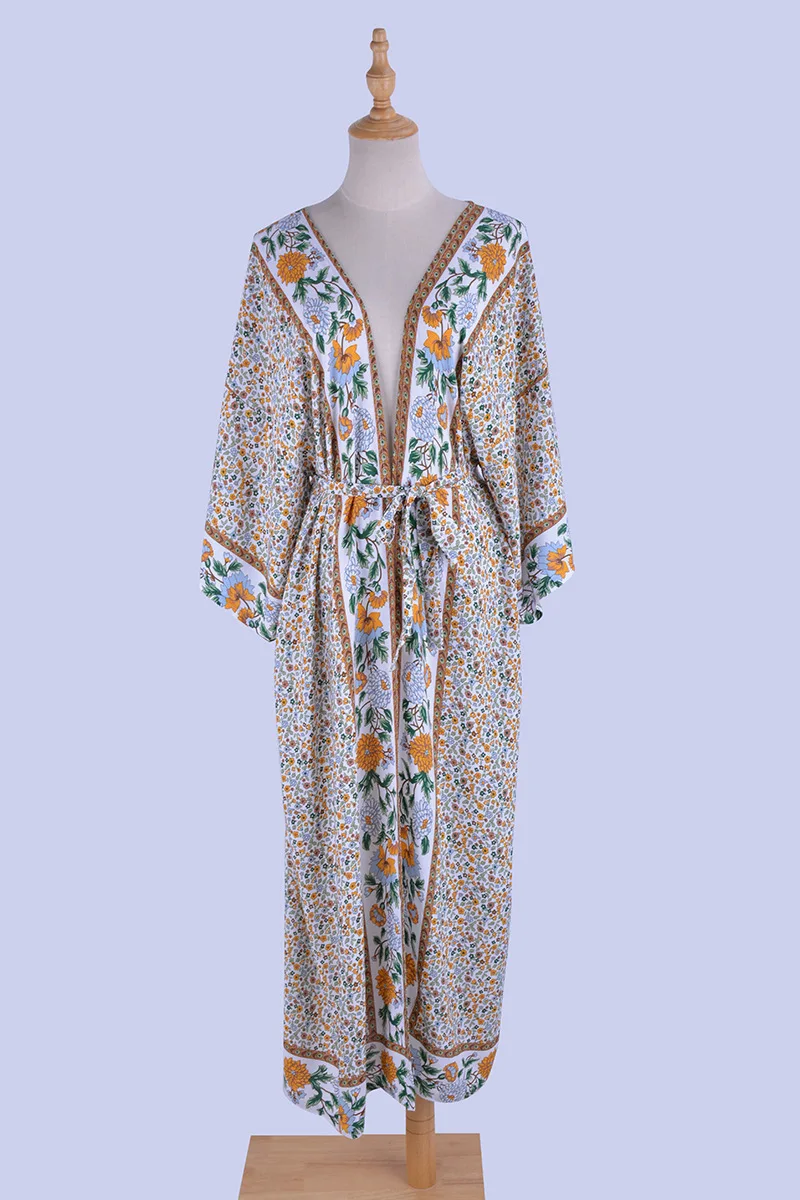 Women Bikini Cover-ups Boho Printed Beach dress Long Kimono Carfigan Tunic Plus Size Kaftans Beach Wear Swim Suit Cover Up Robes Beach Robe Cover Up