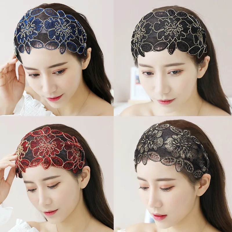Fascia per capelli con fiori in pizzo Fascia larga per capelli da donna Fasce per capelli dentate antiscivolo Fascia per capelli con castone Accessori per capelli Copricapo - immagine 2