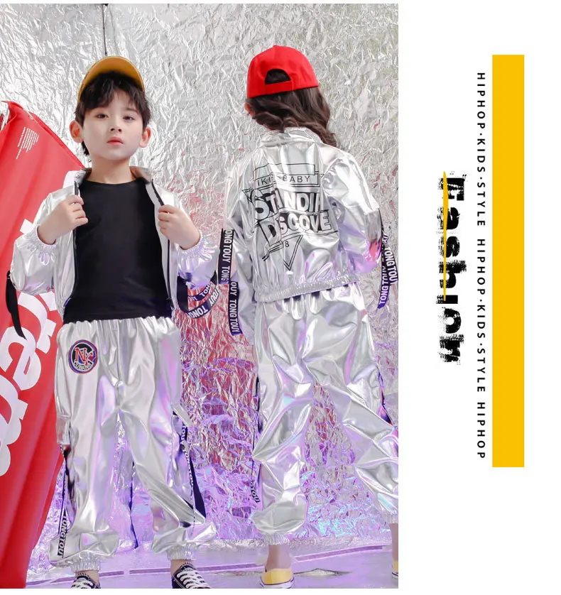 2021 Fashion Boys Hip-hop Set Girl Silver Color Jazz Dance Costume Children Performance Clothes Dance Costume Cool Rave Outfits