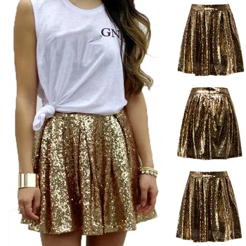 

New Faldas Mujer Moda 2019 Women Clothes Fashion High Waist Pleated Solid Color Short Skirt Jupe Femme Loose Sequin Skirt #C11