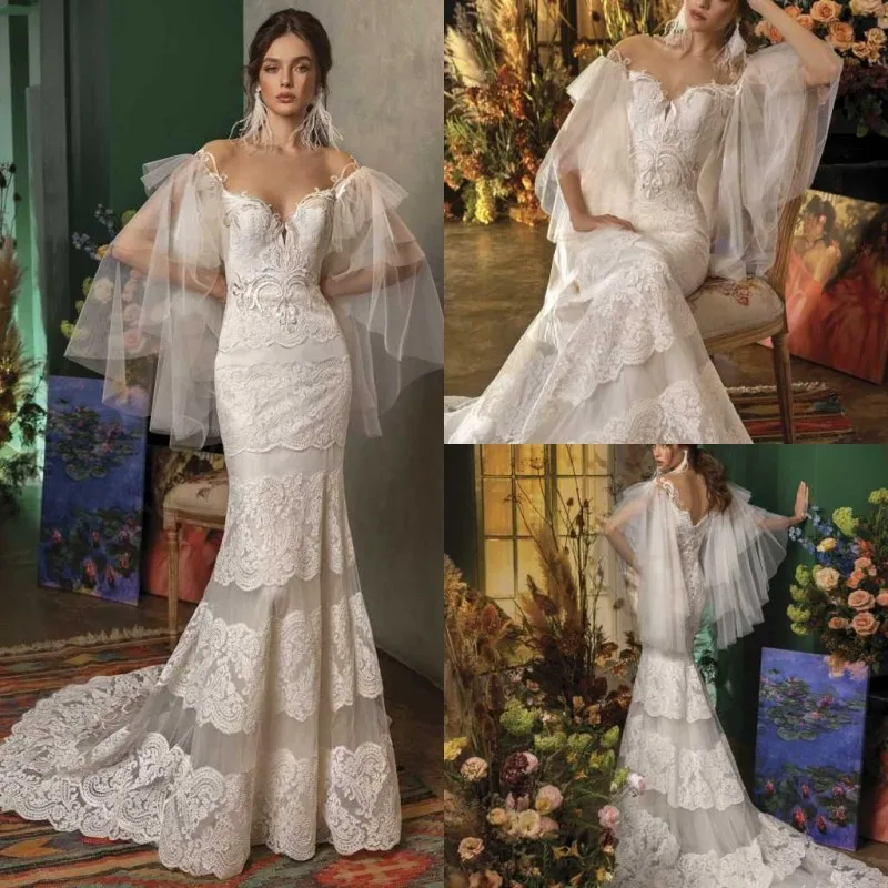 

Женское свадебное платье с открытыми плечами, кружевное платье с аппликацией и открытой спиной, свадебное платье с юбкой-годе со шлейфом в стиле бохо, 2020