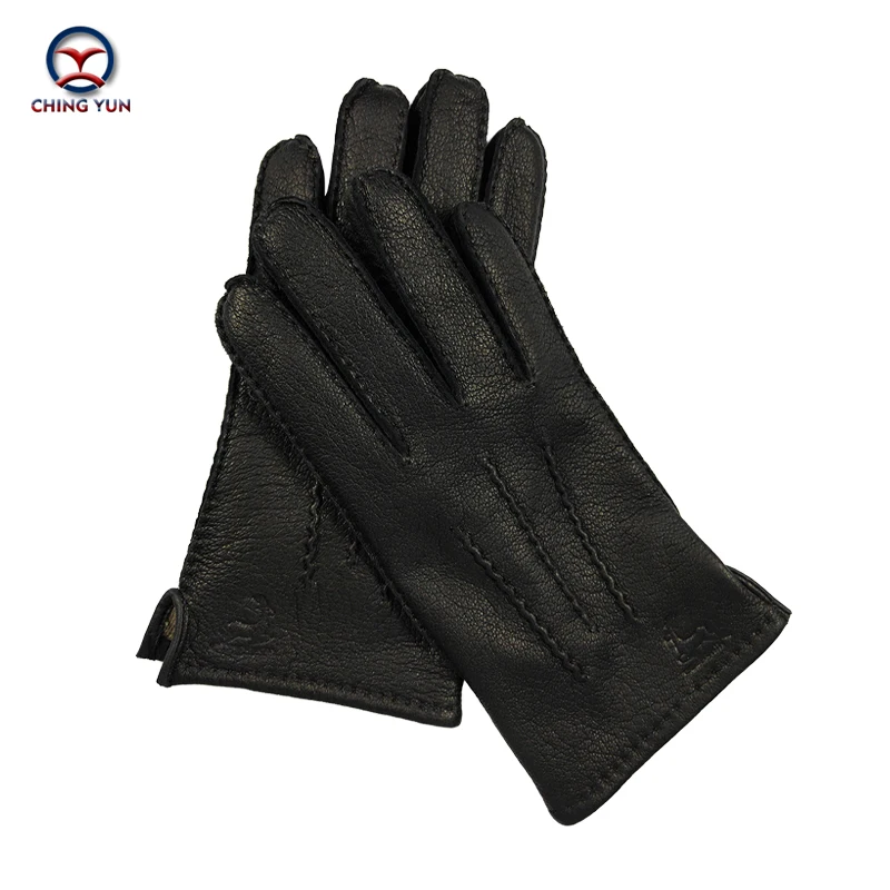 CHING YUN Winter Hand-stitched Men's Deerskin Gloves Deer Skin Men's Warm Soft Black Corrugated Gloves 70% Wool Lining warm gloves,full finger gloves,leather gloves,male gloves