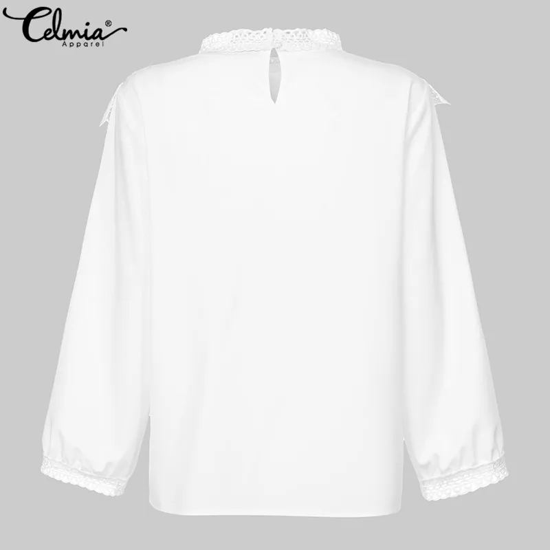 S-5XL, Женские топы и блузки,, стильные рубашки с длинным рукавом, повседневные белые кружевные туники, топы, свободные, с оборками, Blusas Mujer 7